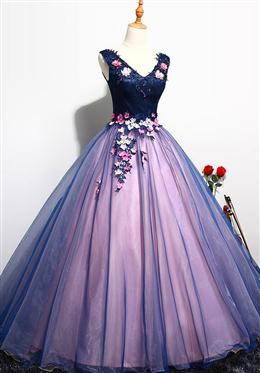 Picture of Lovely Organza Pink and Blue Flowers Sweet 16 Gown, Long Formal Gown